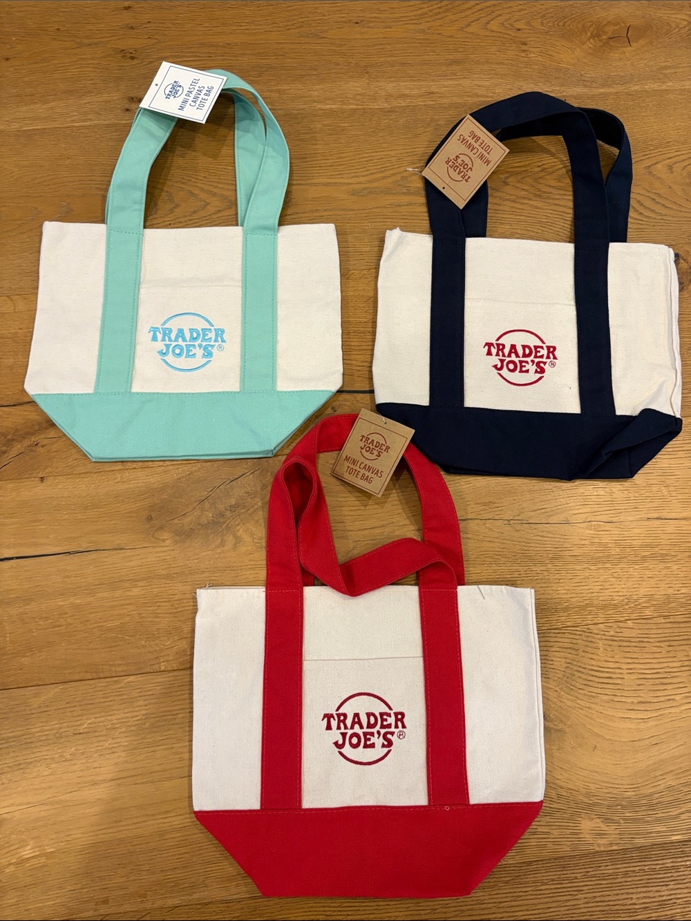 NWT Trader Joe Mini Tote Bags, set of 3, mint green, navy blue and red